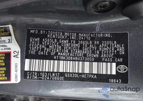 2011 Toyota Avalon Limited z USA, uszkodzony, nr VIN 4T1BK3DB4BU373050